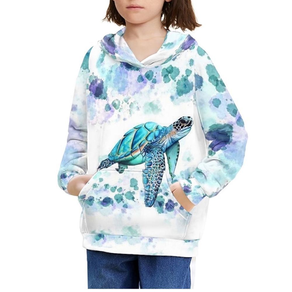 White blue water color turtle Sweatshirt pullover Hoodie girls youth size L